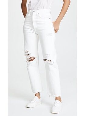 Agolde White Distressed High-Rise Straight Jeans